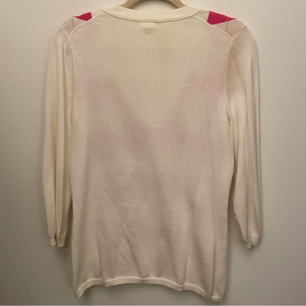 J Crew Medium White & Pink Argyle V Neck Sweater Size Medium - Picture 2 of 4